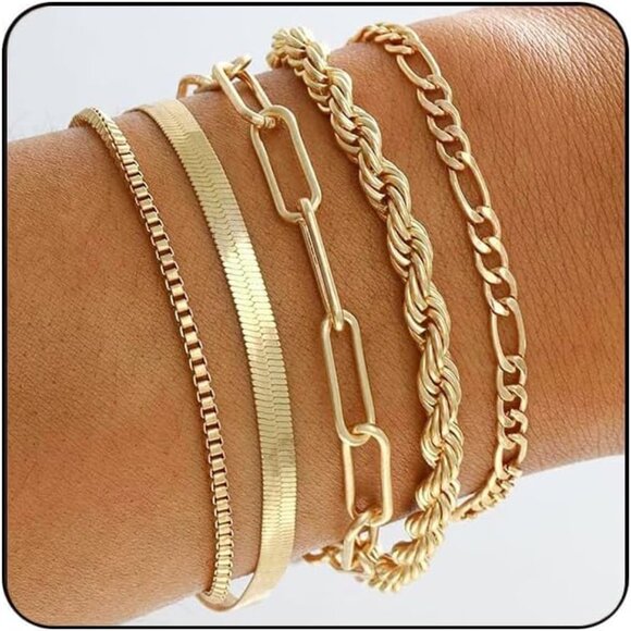 Gold Bracelet for Women 14K Plated Dainty Stackable Chain Bracelet Gold Set Gift - Picture 1 of 6